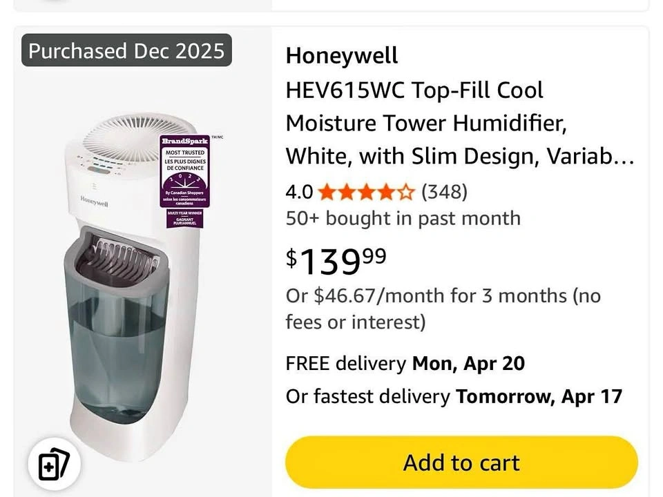 Honeywell Tower Humidifier (Top-Fill) – Like New + FREE Filter!