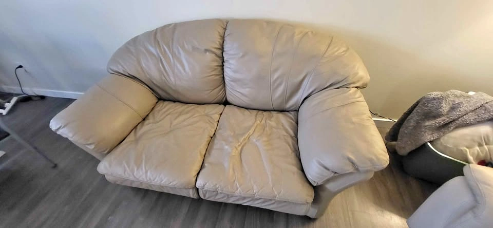 Beige Leather Loveseat