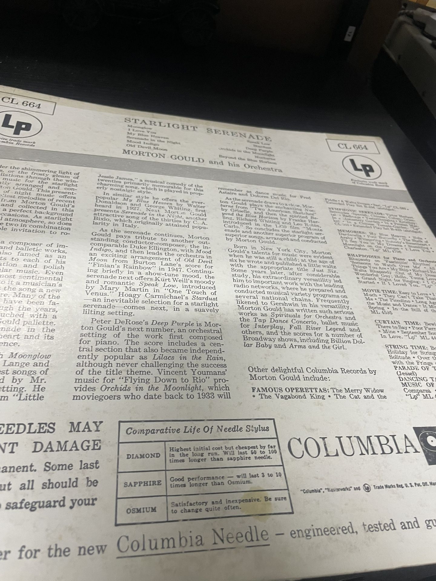 Morton Gould Starlight Serenade Vinyl LP Columbia CL 664 - photo 4