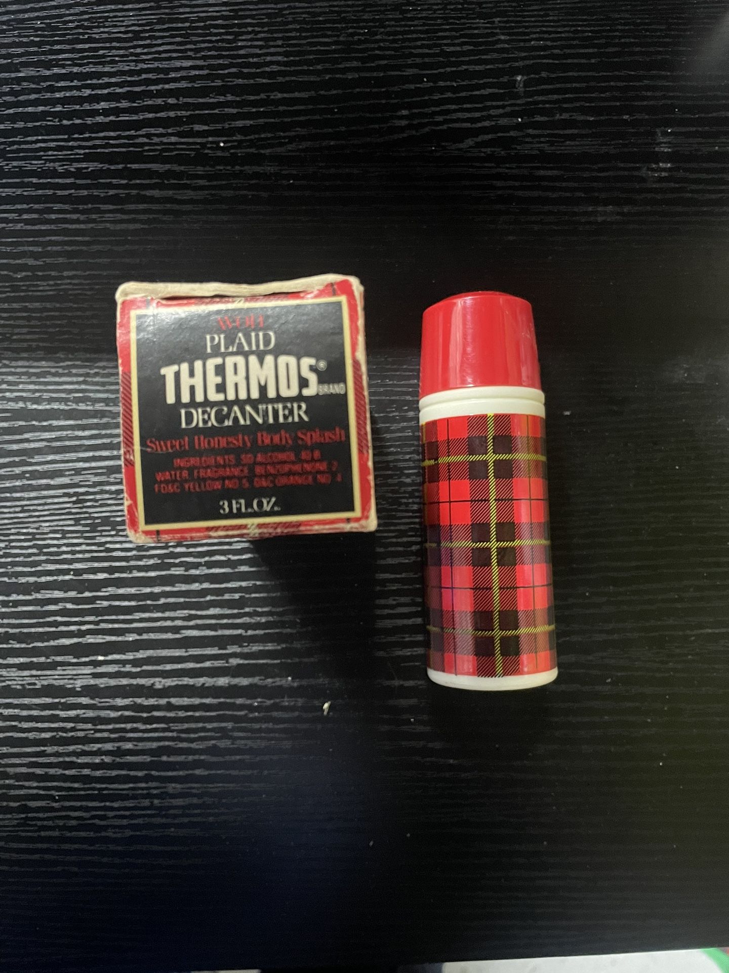 Avon Vintage Red Plaid Thermos Glass Decanter Sweet Honesty Body