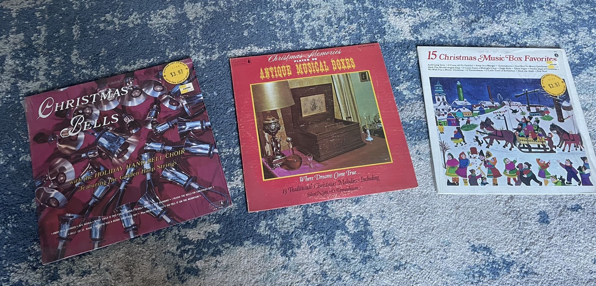 3 Vintage Christmas Vinyl Records - Music Box Favorites, Bells,
