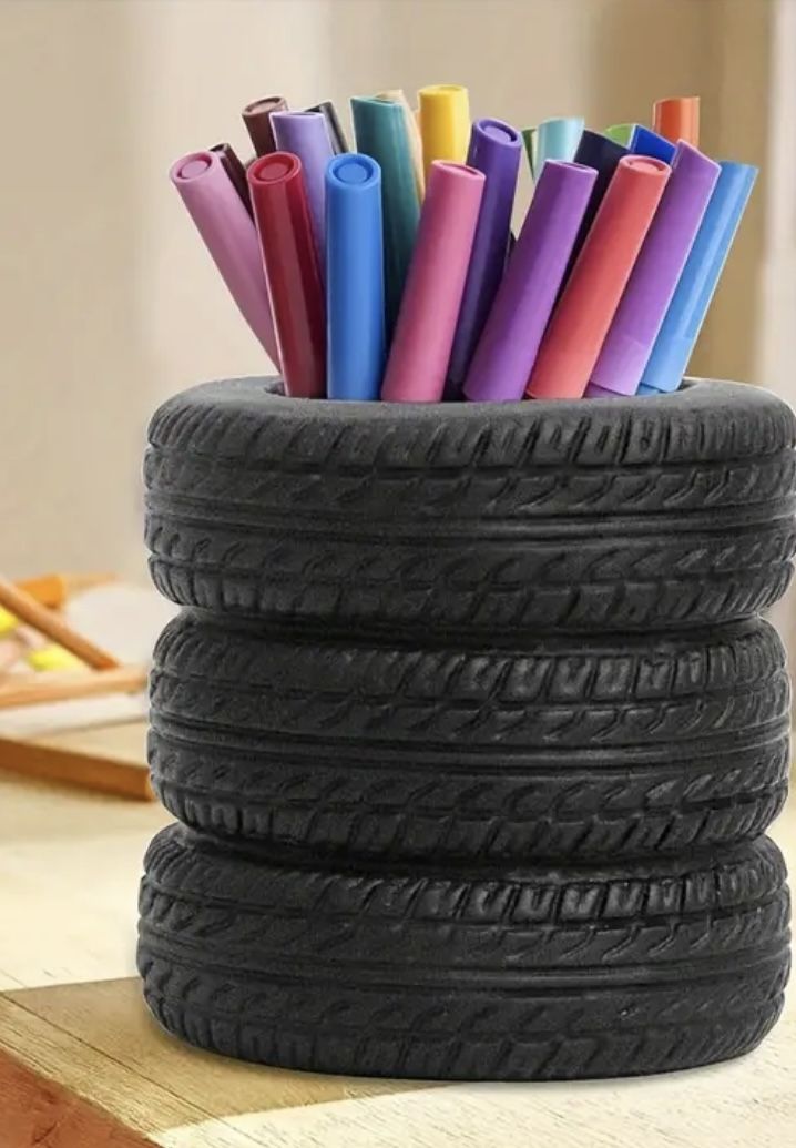 Black Tire Shaped Pen Holder Stationery Desk Decor