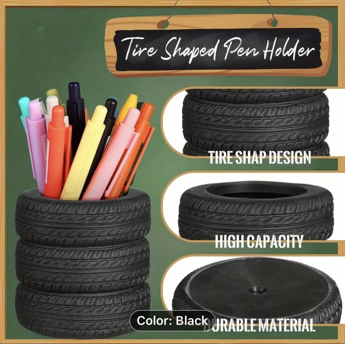 Black Tire Shaped Pen Holder Stationery Desk Decor - photo 3