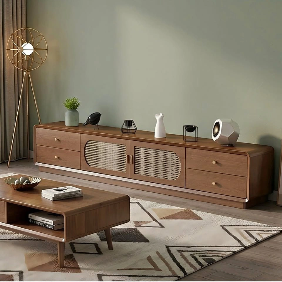 Vintage Rattan TV Stand - Cabinet with Drawer Storage