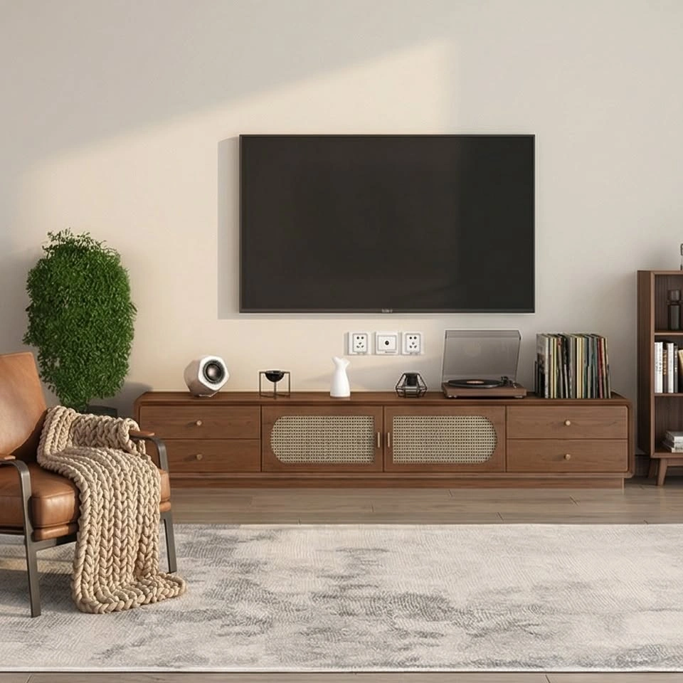 Vintage Rattan TV Stand - Cabinet with Drawer Storage - photo 2