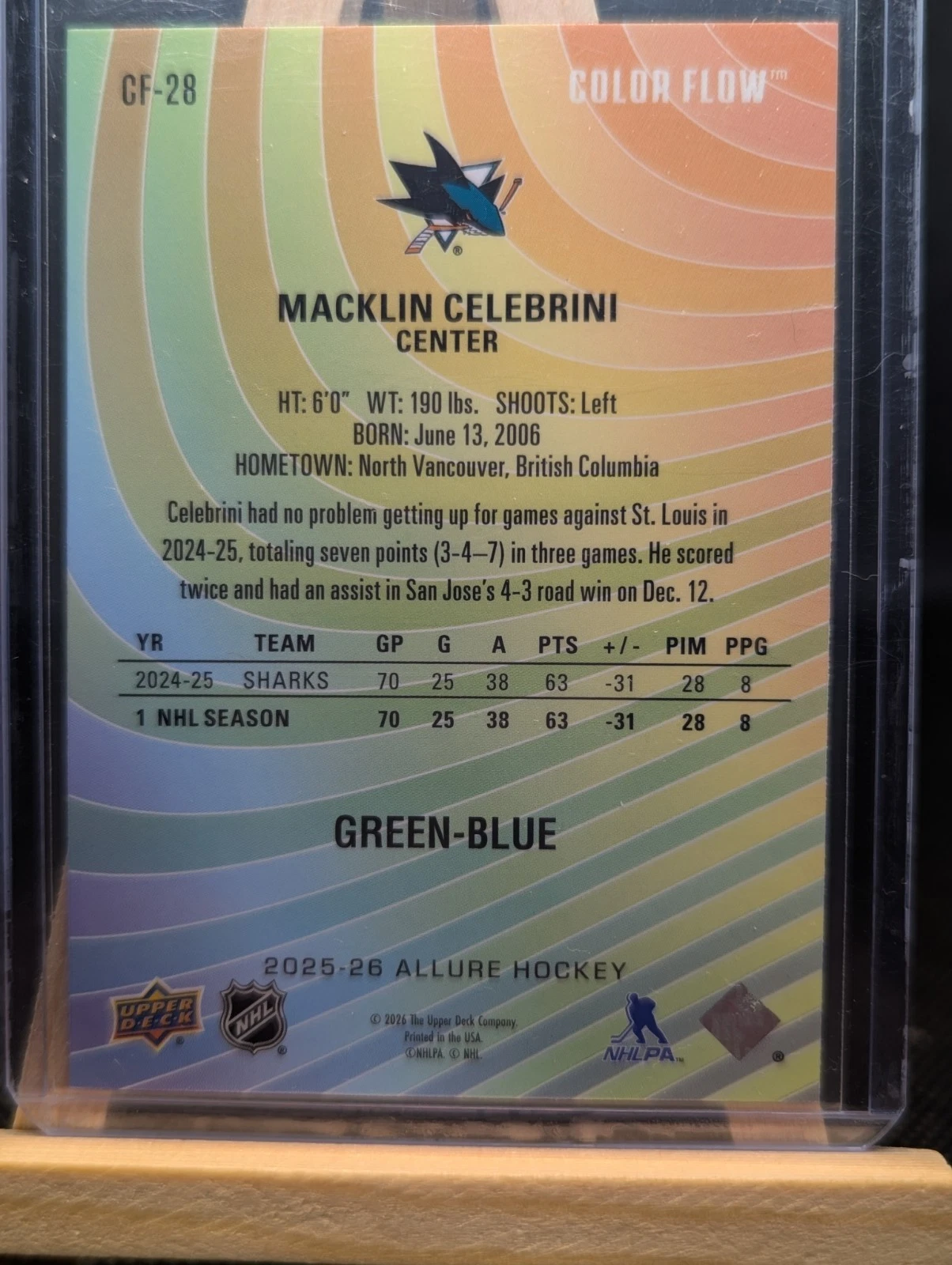 Macklin Celebrini 2025-26 UD Allure Hockey Color Flow Green-Blue - photo 2
