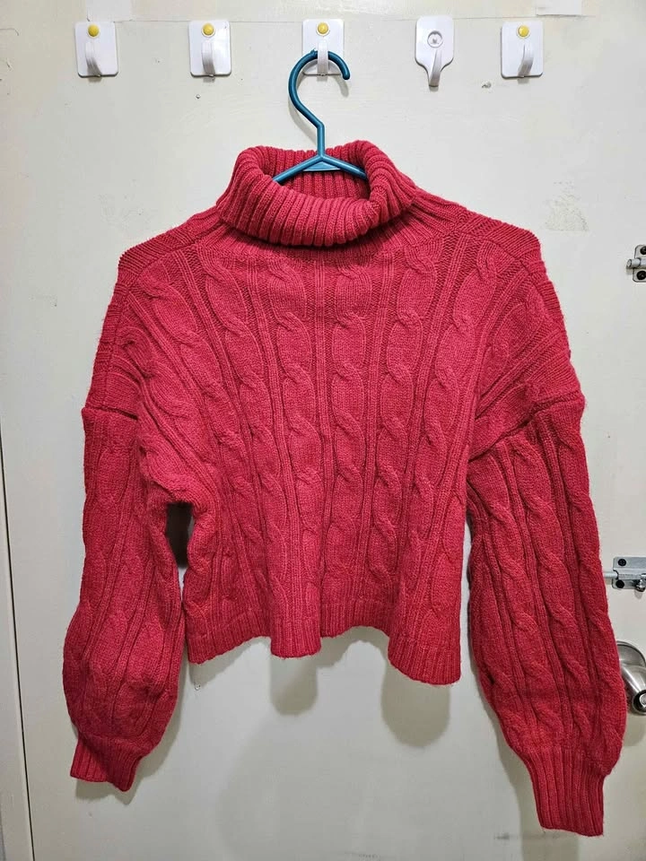 Red Knitted Cropped Balloon Sleeve Turtleneck Sweater