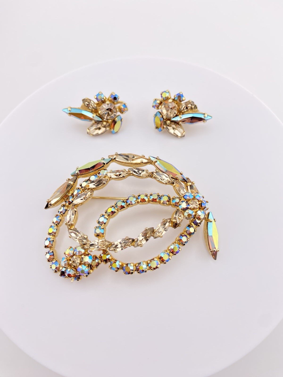 Vintage Signed Sherman Brooch & Earrings Set – AB Rhinestones, G