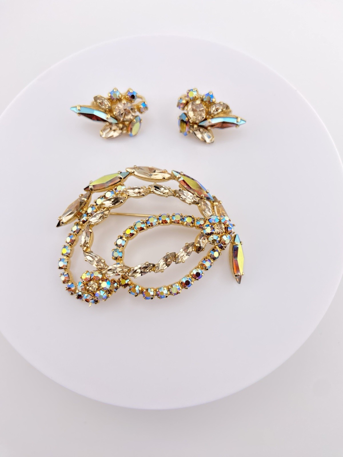 Vintage Signed Sherman Brooch & Earrings Set – AB Rhinestones, G - photo 3