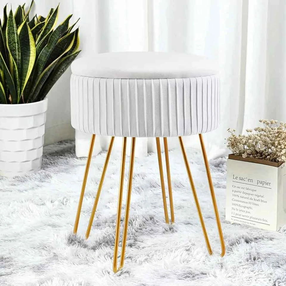 Velvet Ottoman with Storage and Gold Legs - Off-White