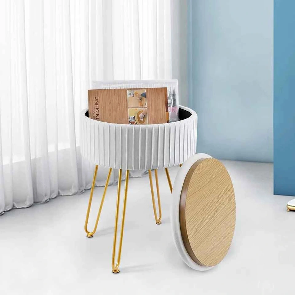 Velvet Ottoman with Storage and Gold Legs - Off-White - photo 2