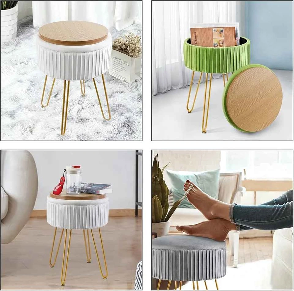 Velvet Ottoman with Storage and Gold Legs - Off-White - photo 4