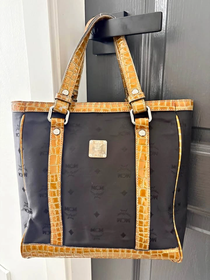 Authentic MCM Monogram Tote with Croc-Embossed Trim