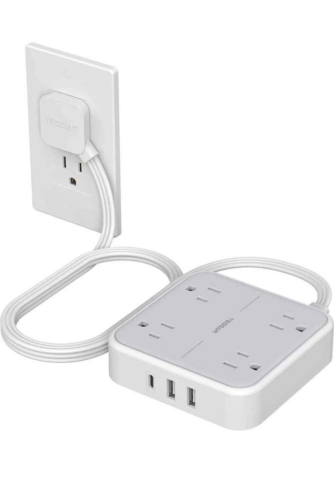 Tessan Flat Plug Extension Cord with USB