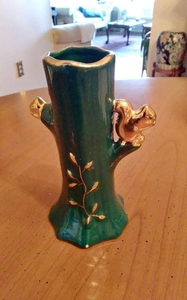 Vintage bud vase with 22k Gold Squirrel in a tree - F&M Artware