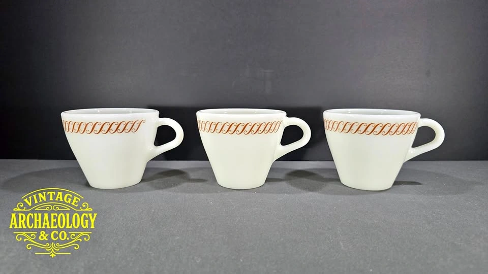 Set of 3 Pyrex Milk Glass Coffee Cups with Gold Scroll Pattern