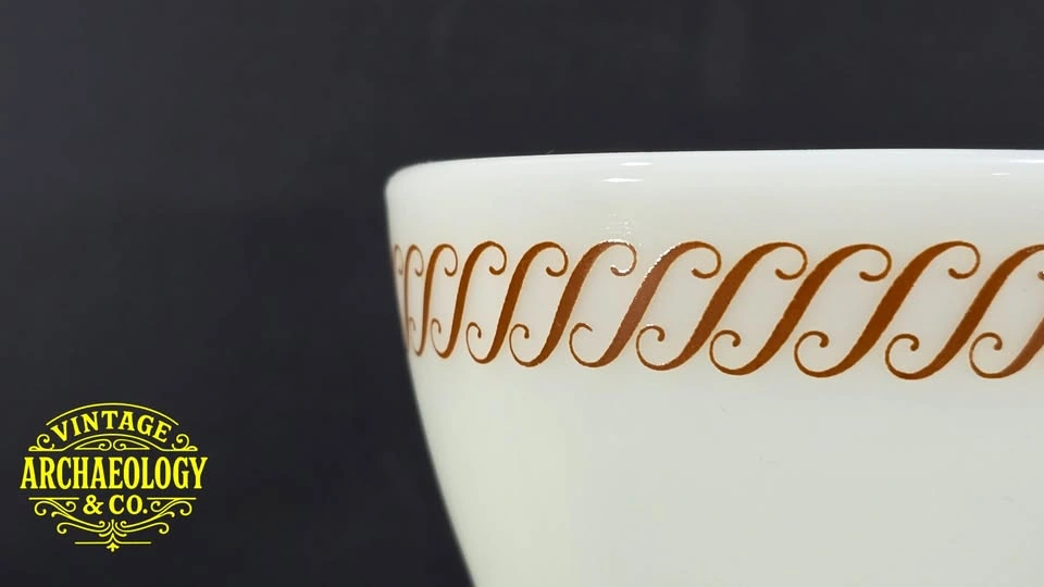 Set of 3 Pyrex Milk Glass Coffee Cups with Gold Scroll Pattern - photo 3