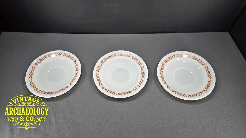 SET OF 3 PYREX MILK GLASS PLATES WITH BROWN SCROLL