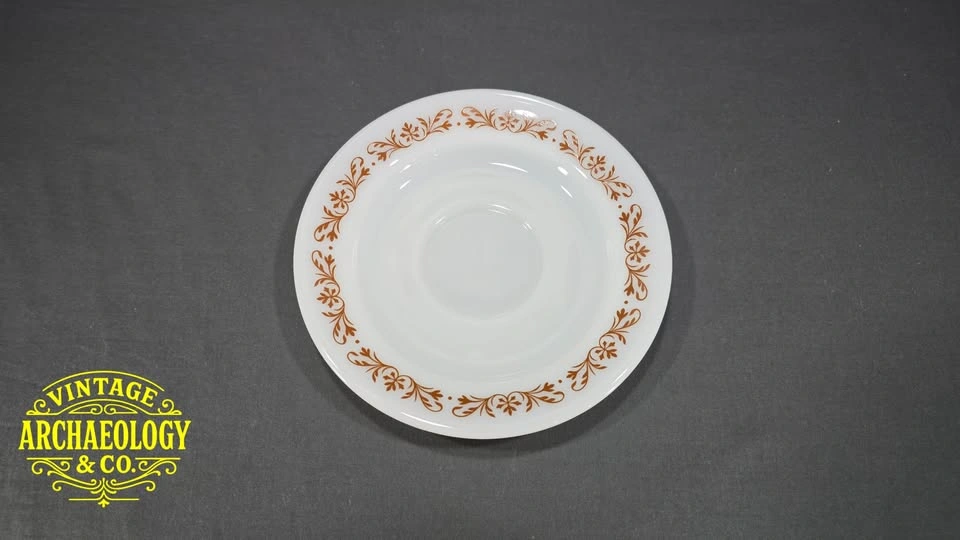 SET OF 3 PYREX MILK GLASS PLATES WITH BROWN SCROLL - photo 2