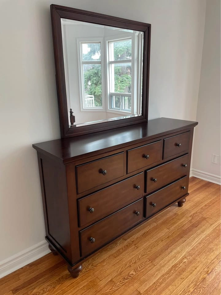 Dark wood Queen bed frame, mirrored dresser & 1 nightstand - photo 5