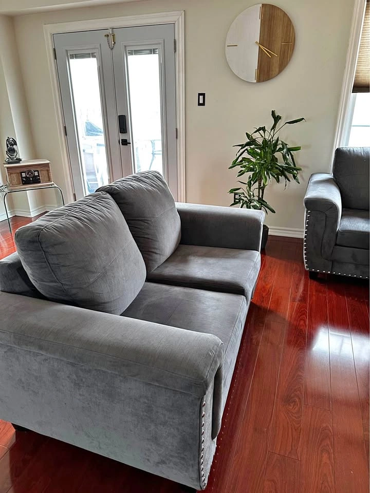 Dark Gray Sofa Loveseat Armchair Set w/ Nailhead Trim