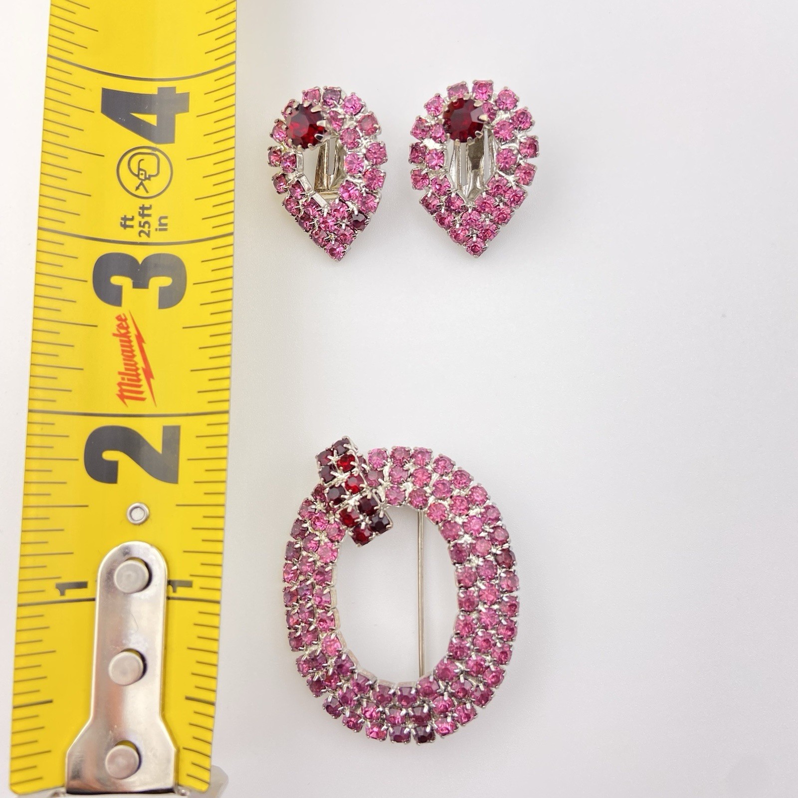 Vintage Rhinestone Jewelry Set – Pink & Red Brooch with Clip-On - photo 5
