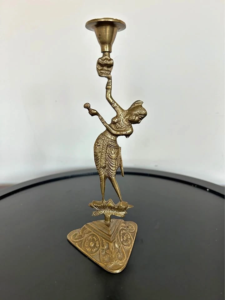 Vintage Brass Indian Apsara Dancer Candlestick - 7.5"