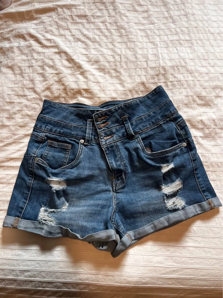 Indigo Denim High-Waisted Distressed "Push-Up" Shorts - Size 05 - photo 2