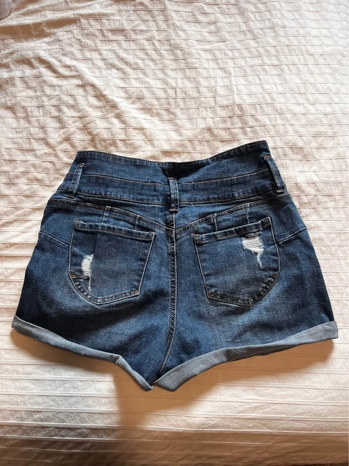 Indigo Denim High-Waisted Distressed "Push-Up" Shorts - Size 05 - photo 3