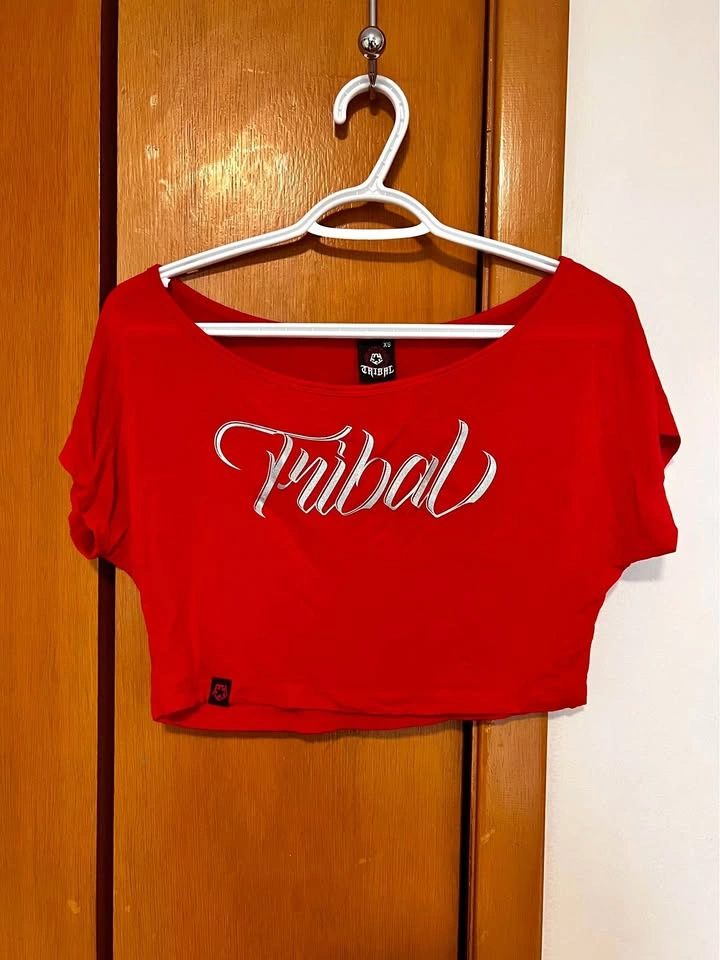 Tribal Gear Red Boatneck Cropped Tee - Silver Foil Logo - Women'