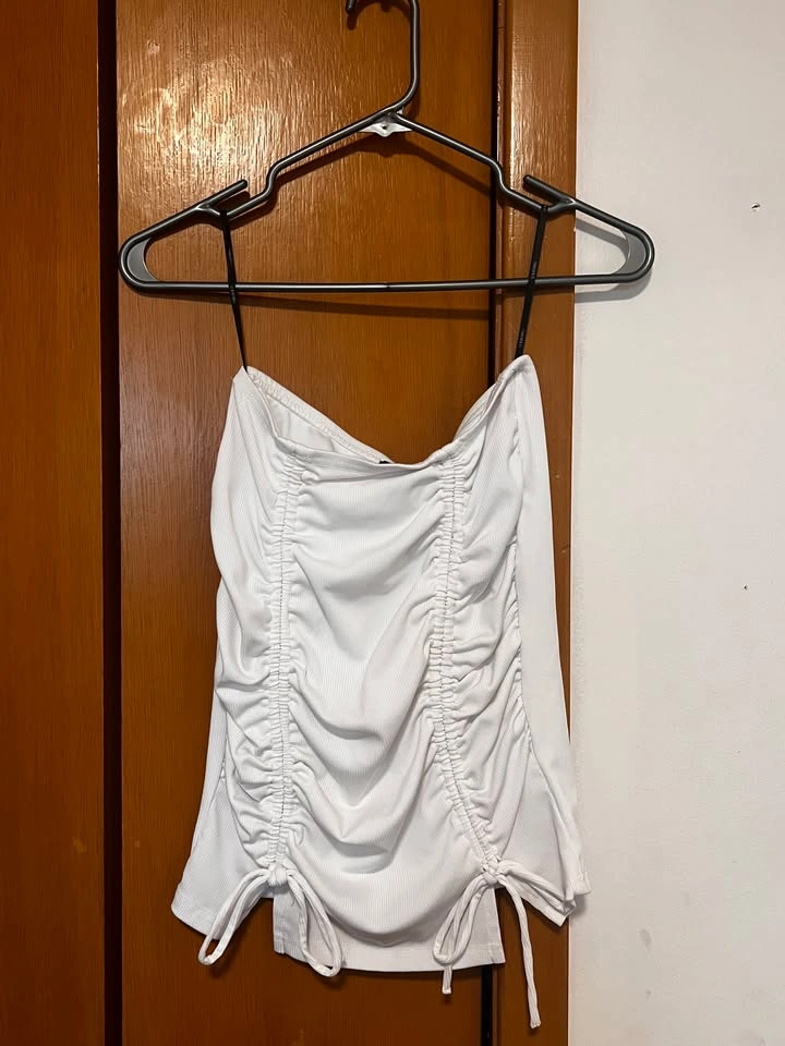 White Ribbed Ruched Mini Skirt - Adjustable Sides