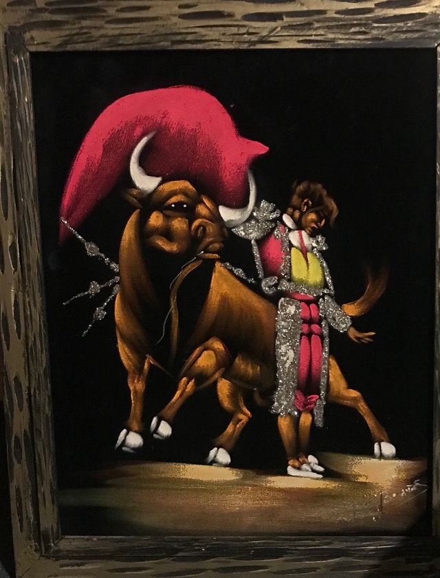 Vintage Black Velvet Bull Matador Painting