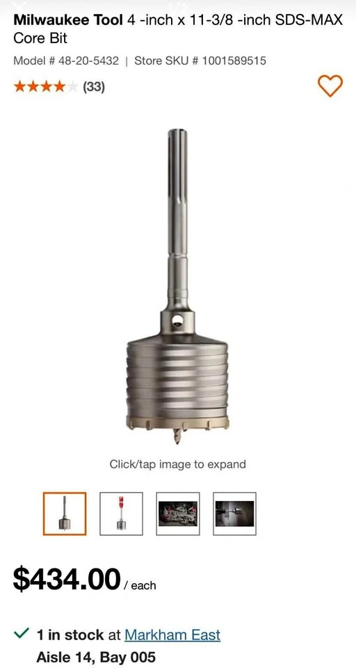 Milwaukee 4-inch SDS-Max Core Bit (Brand New)
