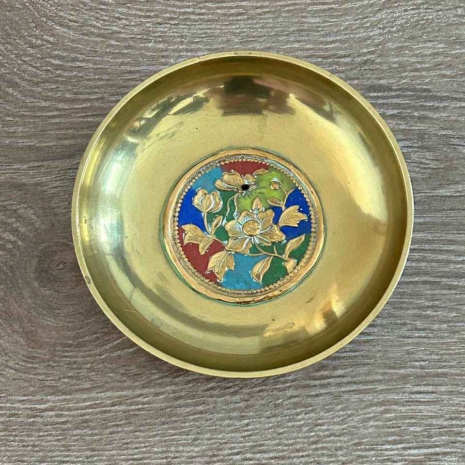 Vintage Brass Cloisonné Trinket Dish - Floral Enamel