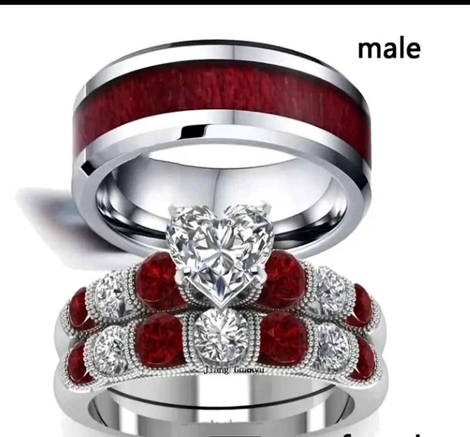 3pc Rhinestone Stainless Steel Ring - Red
