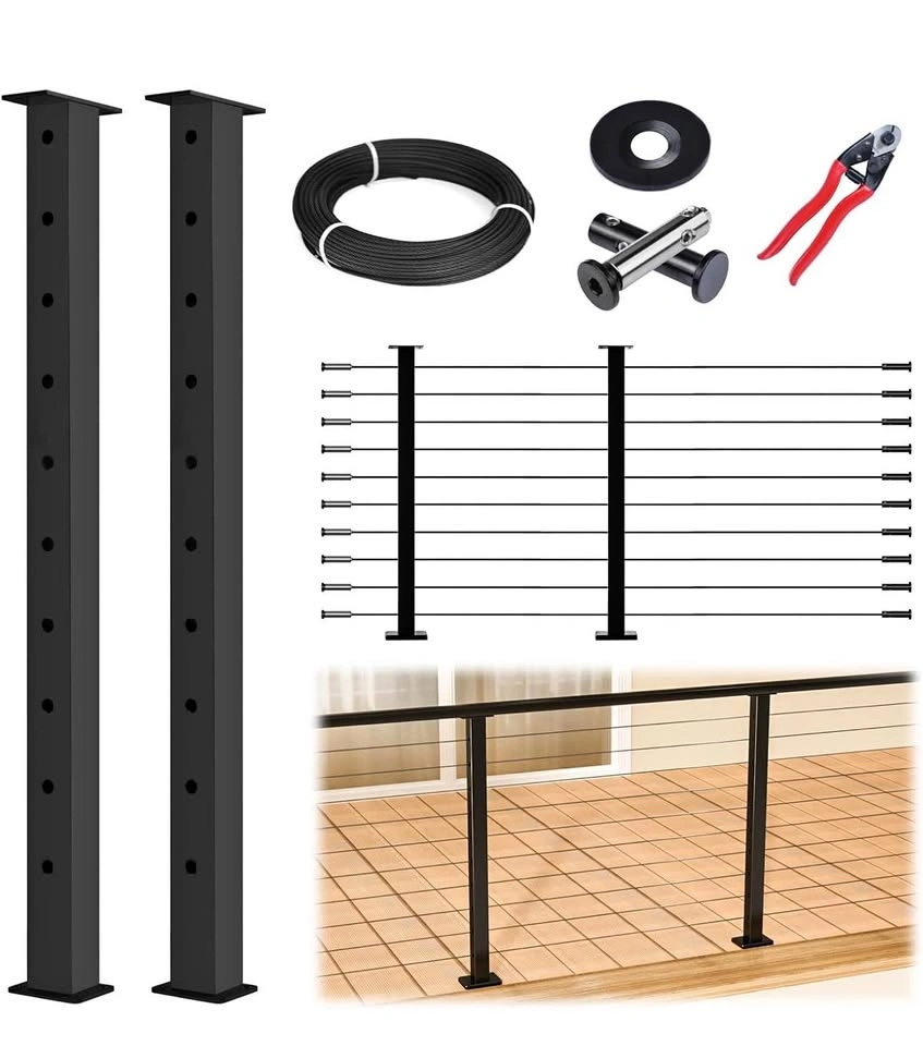 Muzata Cable Railing Kit – 36” Black Posts (2 Pack) with 150ft C