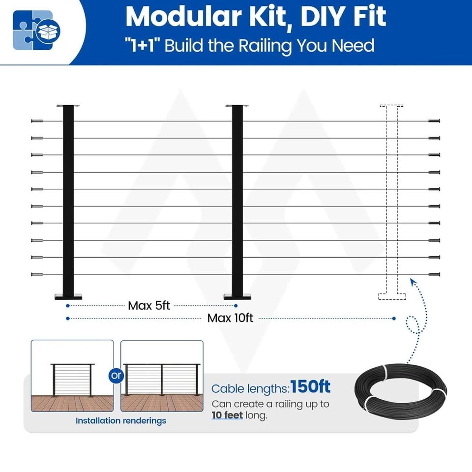 Muzata Cable Railing Kit – 36” Black Posts (2 Pack) with 150ft C - photo 5