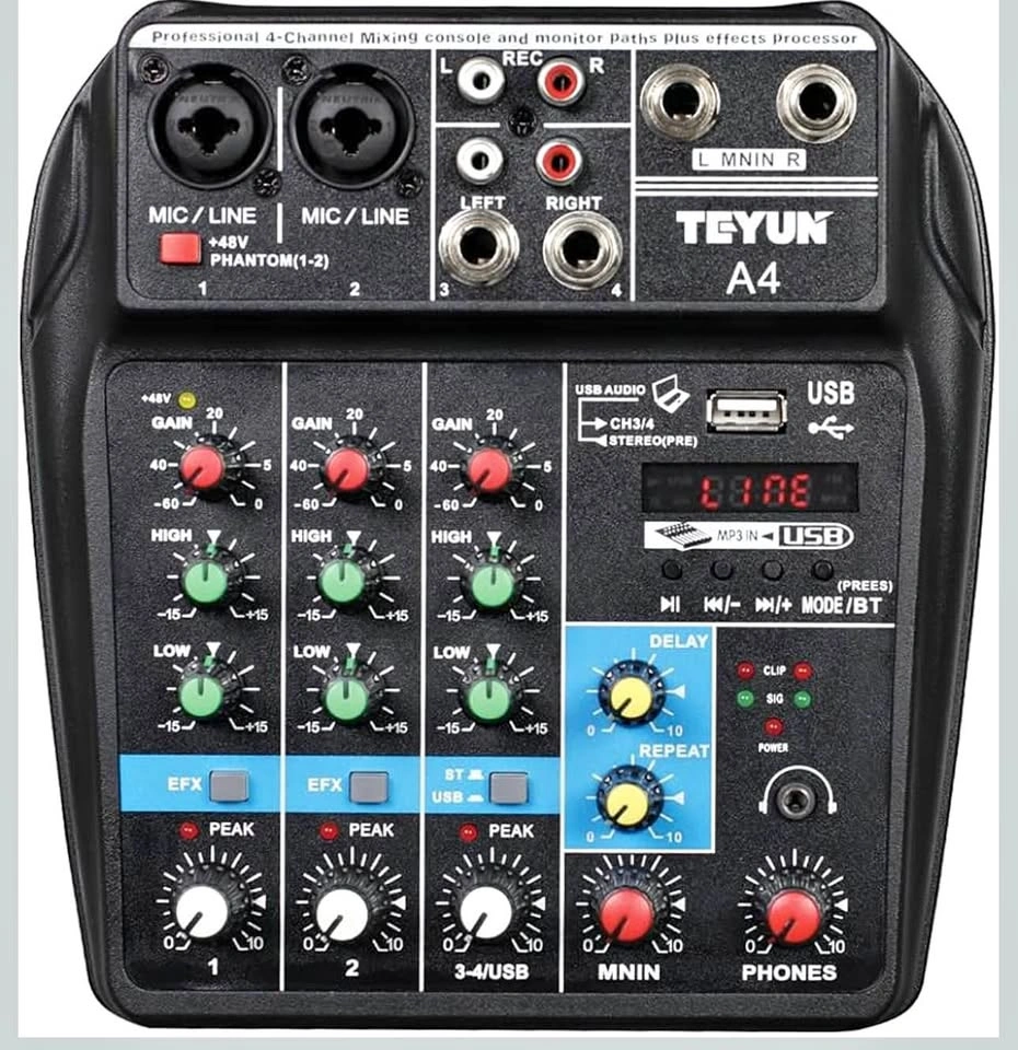 TEYUN 4-Channel Professional Audio Mixer – 48V Phantom Power