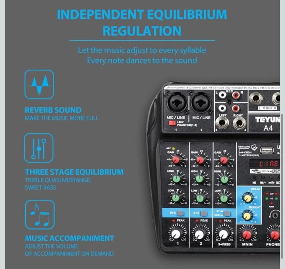 TEYUN 4-Channel Professional Audio Mixer – 48V Phantom Power - photo 3