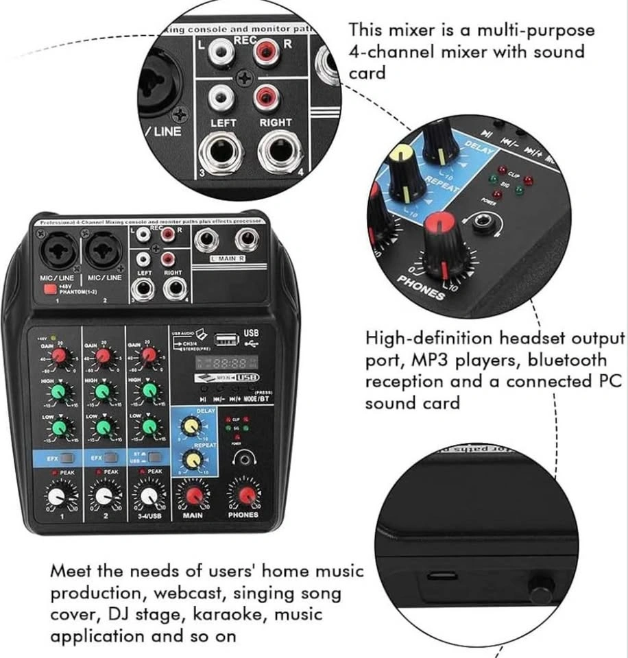 TEYUN 4-Channel Professional Audio Mixer – 48V Phantom Power - photo 5