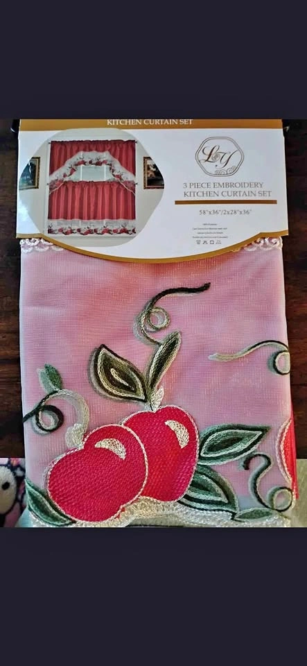 L&Y Apple Embroidery 3pc Kitchen Curtain Set
