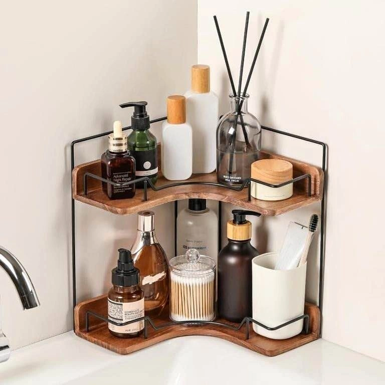 2-Tier Wooden Corner Shelf Organizer