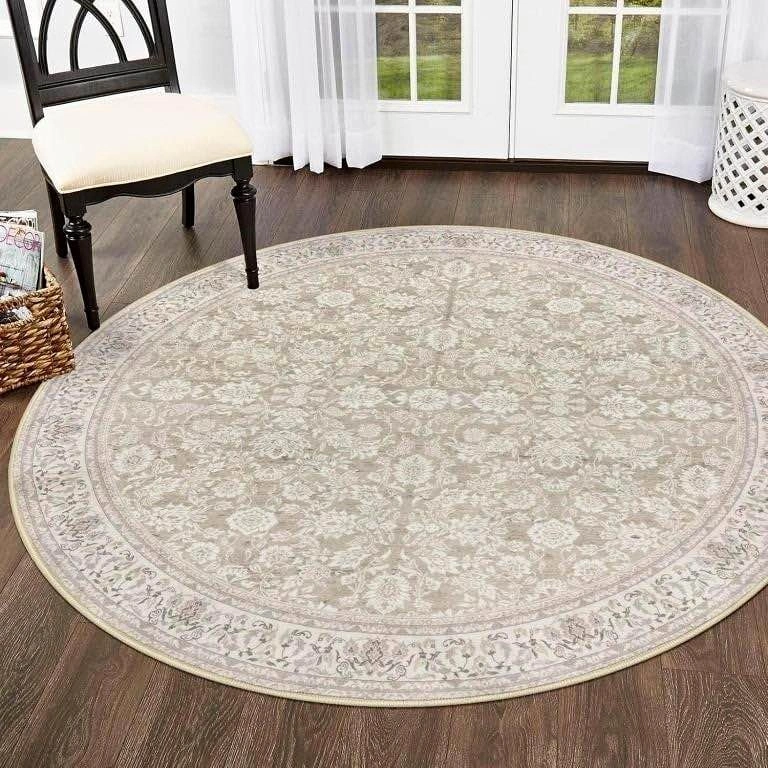 Round Rug Washable for Entryway - Distressed Floral