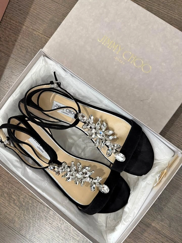 Jimmy Choo Black Crystal Embellished Sandals 7.5