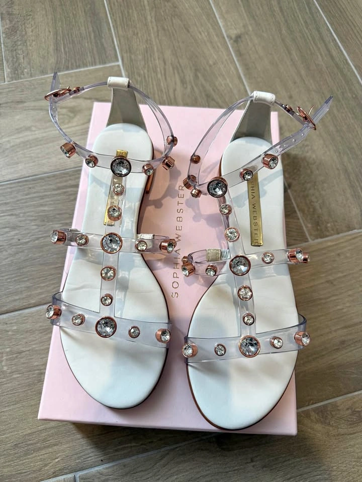 Sophia Webster Dina Crystal Clear Flat Sandals White/Rose Gold S