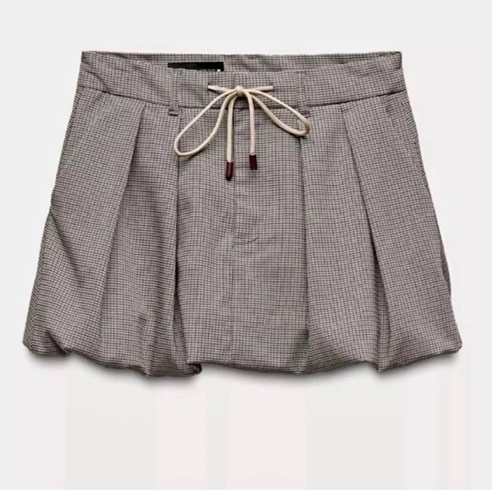 Zara Plaid Houndstooth Bubble Hem Mini Skirt Drawstring XS