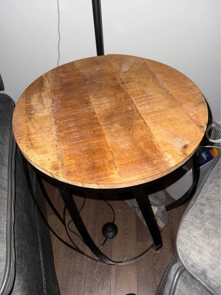 Industrial Round Side Table – Solid Wood Top & Geometric Metal B - photo 2