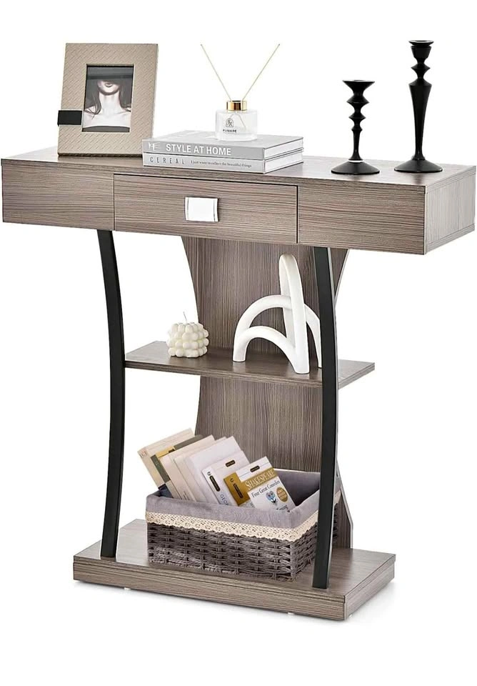3-Tier Console Table with Shelves, Grey