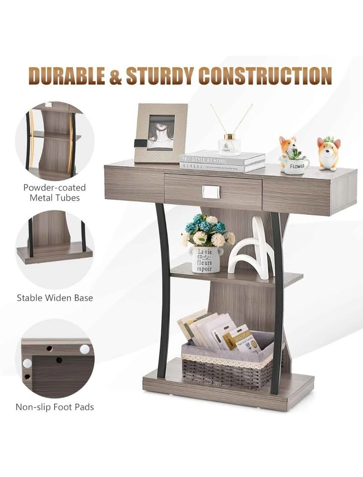 3-Tier Console Table with Shelves, Grey - photo 4