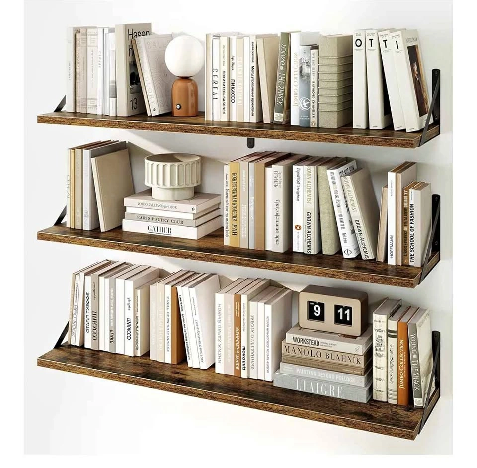 Set of 3 Large 40" Floating Bookshelves, Rustic Brown